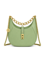 Green handbag with gold chain strap on a white background