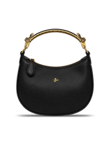 Black handbag with gold accents on a white background