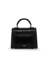 Black handbag with gold accents on a white background