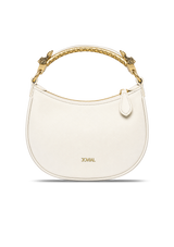 White handbag with gold handle and chain detail on a white background