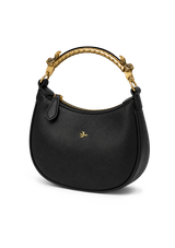 Black handbag with gold accents on a white background