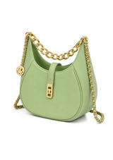 Green handbag with gold chain strap on a white background