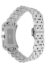 Silver watch with metal band on a white background