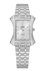 Silver watch with diamond-studded face on a white background