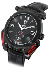 Black wristwatch with red accents on a white background