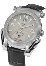 Jovial watch with black leather strap and silver case on a white background