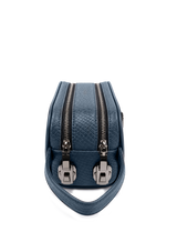 BLUE LEATHER TRAVEL POUCH WITH DUAL ZIP COMPARTMENTS