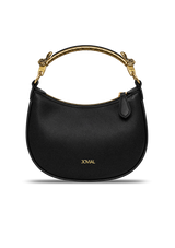 Black handbag with gold handle on a white background
