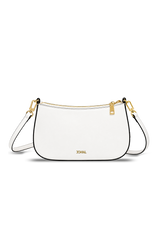 White handbag with gold accents on a white background