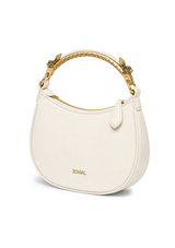 White handbag with gold handle on a white background