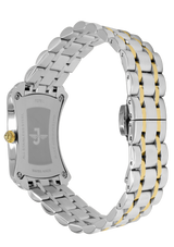 Two-tone silver and gold watch band on a white background