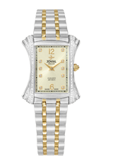 Two-tone watch with gold and silver band on a white background