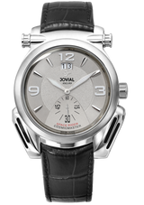 Jovial watch with black leather strap and silver case on a white background