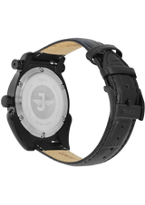 Black watch with a detailed face on a white background