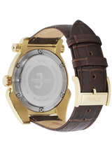 Gold watch with brown leather strap on a white background