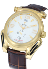 Gold watch with a white face and brown leather strap on a white background