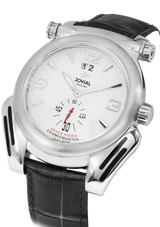 Watch with black leather strap and silver case on a white background