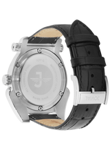 Watch with black leather strap and silver case on a white background