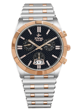 Luxury watch with silver and rose gold band on a white background
