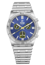 Silver watch with a blue face on a white background