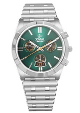 Silver watch with a green dial on a white background