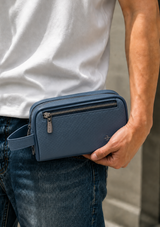BLUE LEATHER TRAVEL POUCH WITH DUAL ZIP COMPARTMENTS