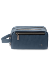 BLUE LEATHER TRAVEL POUCH WITH DUAL ZIP COMPARTMENTS