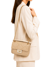 Beige Quilted Structured Handbag